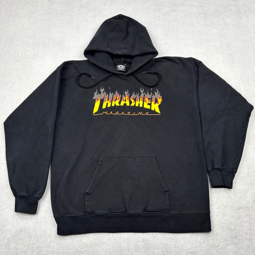 Thrasher Magazine Hoodie Mens Medium Black Flame Logo Pullover Skate Sweatshirt